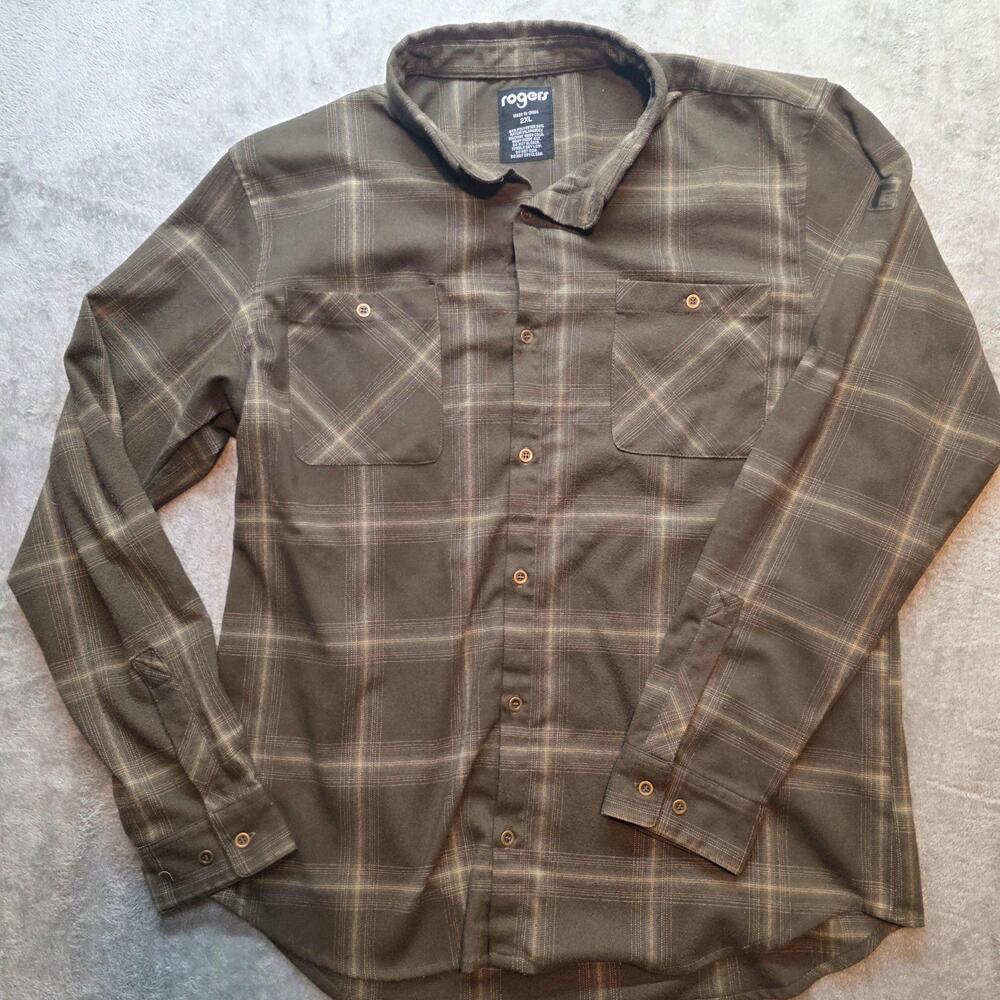 Rogers Button Up Shirt Mens 2XL Green Plaid Flannel Long Sleeve Stretch Casual